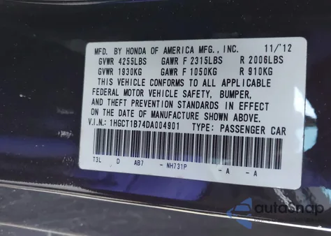 2013 Honda Accord Ex from USA, damaged, VIN 1HGCT1B74DA004901